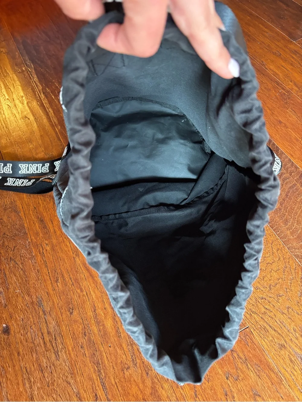 PINK Victoria’s Secret Black Holographic Logo Drawstring Backpack